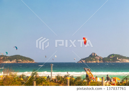 Tropical Barra da Tijuca Beach Parasol People Rio de Janeiro Brazil. Tropical Barra da Tijuca Beach Parasol People Rio de Janeiro Brazil. 137837761