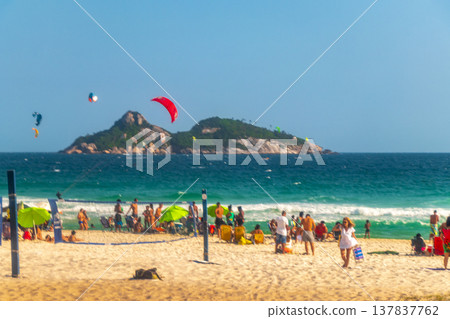 Tropical Barra da Tijuca Beach Parasol People Rio de Janeiro Brazil. Tropical Barra da Tijuca Beach Parasol People Rio de Janeiro Brazil. 137837762