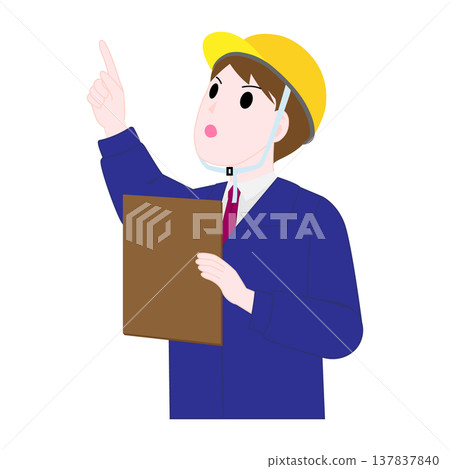 An illustration of a man in a helmet and work clothes making a pointing gesture. 137837840