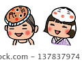 A boy with a shaved head and a girl with a bob haircut wearing summer festival masks. 137837974