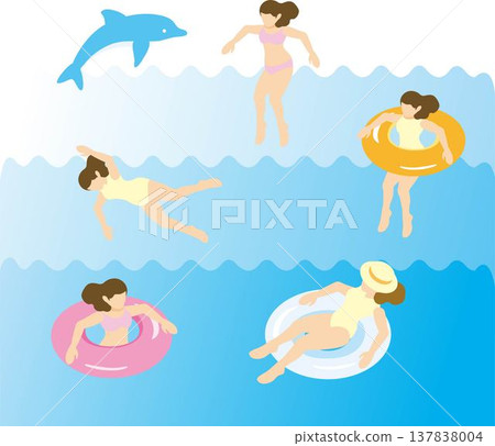 Isometric swimsuit set of women, illustrations of people swimming in a pool or at the beach. 137838004