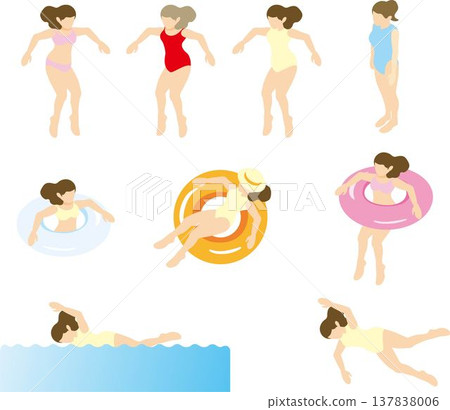 一組女性泳裝的等距視角插圖，描繪了人們在泳池或海灘游泳的場景。 137838006