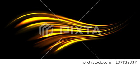 Hot yellow light trail element. Glowing neon speed line waves. Hot golden luminous curved path concept. Abstract bent dynamic motion stripes. Shiny gold streaks for poster, banner, flyer. Vector Hot yellow light trail element. Glowing neon speed line waves. Hot golden luminous curved path concept. Abstract bent dynamic motion stripes. Shiny gold streaks for poster, banner, flyer. Vector 137838337