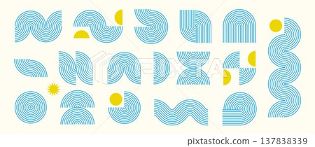 Blue boho line element collection. Bohemian decorative wave curve form set for badge, logo, card, poster, banner. Vector fresh wavy arc shapes. Mid century geometric lemon yellow arch zigzag objects 137838339