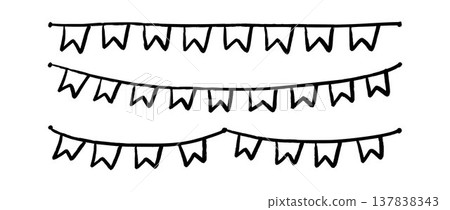Crayon hand drawn bunting pattern set. doodled flag garland back. Kid sketched celebration flag chains and pennons for birthday decoration, footer, banner. Vector drawn party pennon illustration 137838343