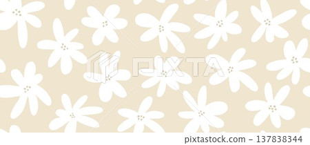 Beige white flower seamless pattern background. Cute hand drawn floral repeated wallpaper. Romantic blossom motif for textile print, fabric swatch, dress ornament, wrapping paper. Vector Beige white flower seamless pattern background. Cute hand drawn floral repeated wallpaper. Romantic blossom motif for textile print, fabric swatch, dress ornament, wrapping paper. Vector 137838344