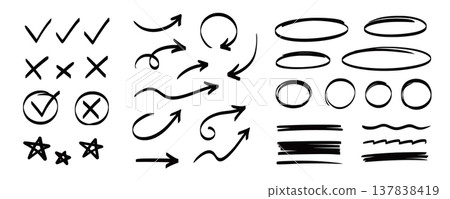 Arrow, underline, circle frame marker line set. Line marker hand drawn pen brush stroke sketch arrow, circle, highlight element. Doodle check, cross, star frame icons. Vector 137838419
