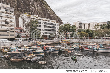 Urca coast beach promenade with boats Rio de Janeiro Brazil. Urca coast beach promenade with boats Rio de Janeiro Brazil. 137838422