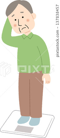 An elderly man steps onto the scale with a troubled expression. An elderly man steps onto the scale with a troubled expression. 137838457