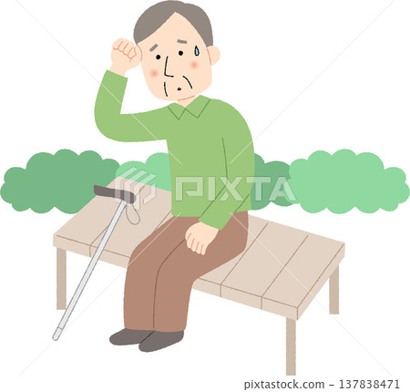 An elderly man rests on a bench after getting tired during his walk. 137838471