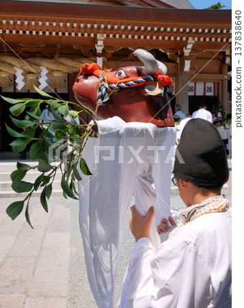 Aso Shrine Onda Festival: Rice planting doll with ox head Aso Shrine Onda Festival: Rice planting doll with ox head 137838640