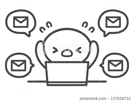 一幅手繪線條藝術插圖，描繪了一隻被電子郵件淹沒的小雞，象徵著工作壓力、工作量過大和恐慌。 137838732