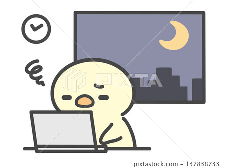 一幅手繪插圖，描繪了一隻加班後疲憊困倦的小雞，展現了某人工作到深夜的情景。 137838733