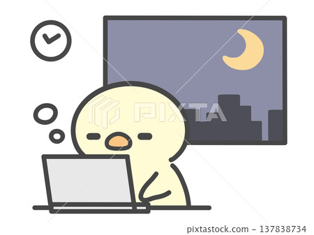 一幅手繪插圖，描繪了一隻小雞在加班時感到困倦的情景。 137838734