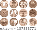 A collection of monochrome icons representing the twelve zodiac signs of Western astrology. 137838771