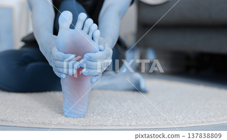 Asian woman standing and massaging her painful heel with red highlight. Heel spur, plantar fasciitis, Achilles tendonitis and foot injury concept for health care, physical therapy and medicine. Asian woman standing and massaging her painful heel with red highlight. Heel spur, plantar fasciitis, Achilles tendonitis and foot injury concept for health care, physical therapy and medicine. 137838809