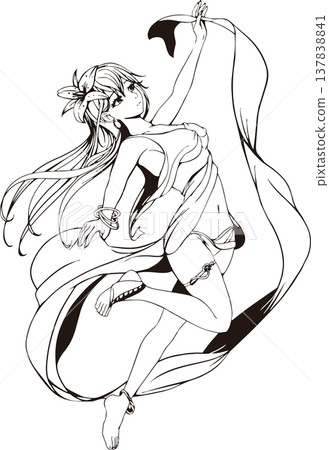 一幅簡潔的線條畫，描繪了優雅起舞的天女舞者天女。 137838841