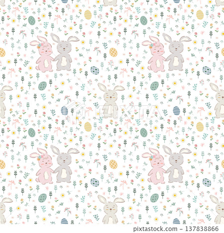Cute hand drawn Easter seamless pattern with bunnies,flowers and easter eggs on spring garden 137838866