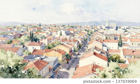 一幅美麗的異國城鎮風景水彩畫。 137839069