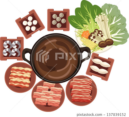 hot pot shabu shabu asian food set top view with meat seafood vegetables hot pot shabu shabu asian food set top view with meat seafood vegetables 137839152