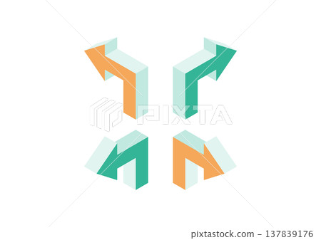 A design set of three-dimensional arrows bent at right angles in green and orange. A design set of three-dimensional arrows bent at right angles in green and orange. 137839176