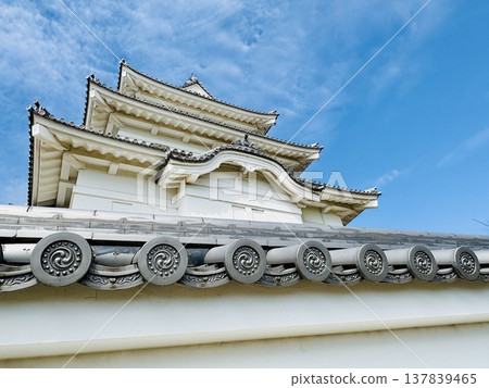 The keep of Sekiyado Castle stands out against the blue sky. The keep of Sekiyado Castle stands out against the blue sky. 137839465