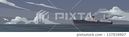 Horizontal or Landscape view of transport large oil tanker is sailing in the middle of the sea. Lonely and vast atmosphere at sea in the evening. Under the sky and clouds with free space. Horizontal or Landscape view of transport large oil tanker is sailing in the middle of the sea. Lonely and vast atmosphere at sea in the evening. Under the sky and clouds with free space. 137839907