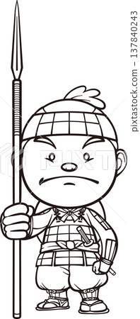 A foot soldier standing with a headband and spear in hand [2-head proportion, black and white, bitmap] 137840243