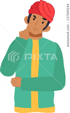 young man thinking with hand on chin in casual outfit and headwear young man thinking with hand on chin in casual outfit and headwear 137840244