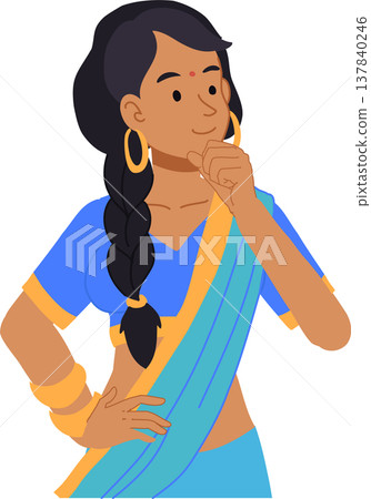 indian woman thinking pose in sari. south asian woman thinking expression wearing traditional sari 137840246