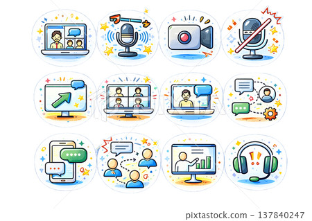 一組代表線上溝通和會議的商務圖示。 一組代表線上溝通和會議的商務圖示。 137840247