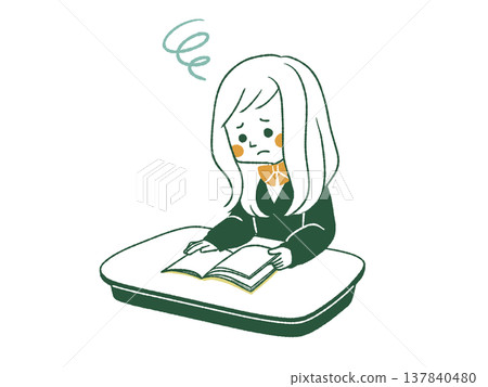 一位神情憂慮的女學生坐在座位上看書－4種顏色 137840480