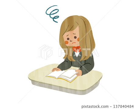 一位神情憂慮的女學生正在座位上看書-加什 一位神情憂慮的女學生正在座位上看書-加什 137840484