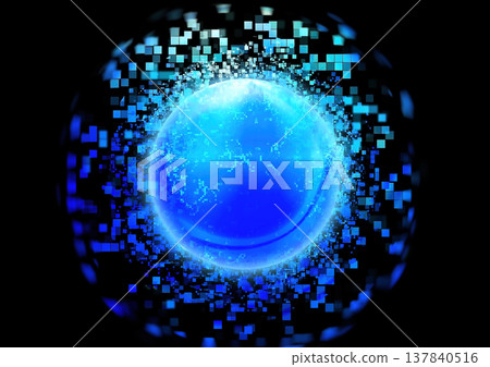 A glowing blue sphere and scattering blue particles of light A glowing blue sphere and scattering blue particles of light 137840516