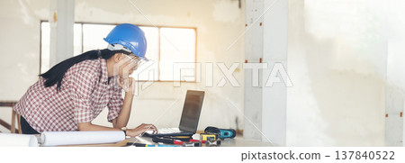 Banner Woman engineer entrepreneur construction industry worker. Banner Female engineer working refinery oil plant manufacturing. Civil engineering construction hard hat safety helmet with copy space 137840522