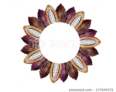 Cocoa beans and pods watercolor round frame. Superfood clip art. Hand-drawn watercolor illustration on a white background. For chocolate and cocoa product designs. Cocoa beans and pods watercolor round frame. Superfood clip art. Hand-drawn watercolor illustration on a white background. For chocolate and cocoa product designs. 137840578
