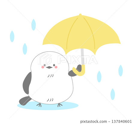 一幅插圖,描繪了一隻可愛的長尾山雀在雨季裡撐著一把黃色雨傘。 一幅插圖,描繪了一隻可愛的長尾山雀在雨季裡撐著一把黃色雨傘。 137840601