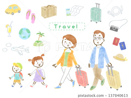 A set of illustrations featuring a family of four going on a trip and travel-themed illustrations. 137840613