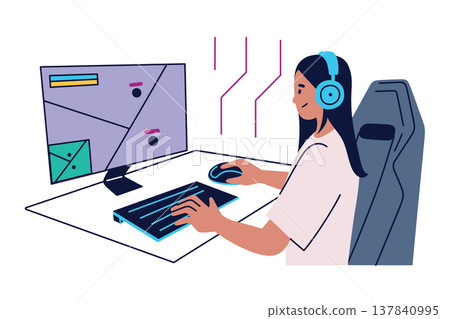 Flat cartoon girl gamer in headphones at gaming setup, monitor, gaming keyboard and mouse. Female gamer character and esports lifestyle, video game scene vector illustration Flat cartoon girl gamer in headphones at gaming setup, monitor, gaming keyboard and mouse. Female gamer character and esports lifestyle, video game scene vector illustration 137840995