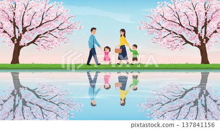 A happy family walking along a row of cherry trees A happy family walking along a row of cherry trees 137841156