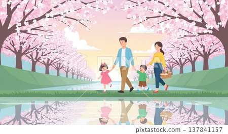 幸福的一家人沿著一排櫻花樹散步。 137841157