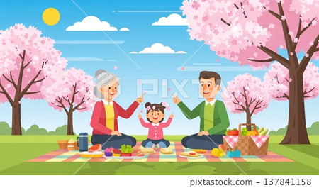 一家人正在享受春日野餐 137841158