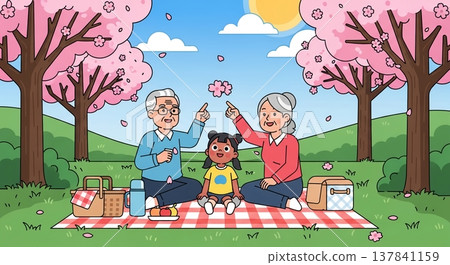 祖父母和孫女在欣賞櫻花樹 137841159