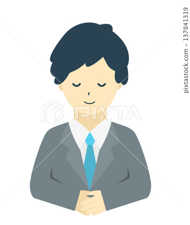A male office worker bowing | Simple illustration of a businessman greeting and bowing (front view, upper body) A male office worker bowing | Simple illustration of a businessman greeting and bowing (front view, upper body) 137841319