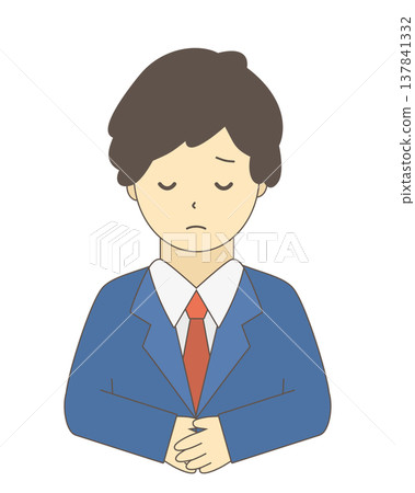 Apologizing male office worker | Simple illustration of a businessman apologizing and bowing (front view, upper body) 137841332