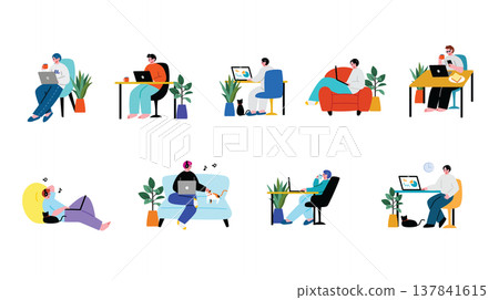 A set of illustrations of a man working remotely from home. A set of illustrations of a man working remotely from home. 137841615