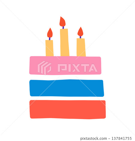 Bright colorful birthday cake doodle with candles, naive style rough lines. Cheerful cartoon dessert for greeting cards and party design, festive vector illustration, isolated colored clipart Bright colorful birthday cake doodle with candles, naive style rough lines. Cheerful cartoon dessert for greeting cards and party design, festive vector illustration, isolated colored clipart 137841755