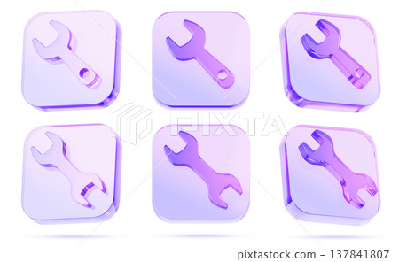 3d glass hologram square wrench button icon set. Iridescent transparent spanner tool, construction badge logo with purple blue gradient. Car service, technical maintenance and repair. 3D illustration 137841807