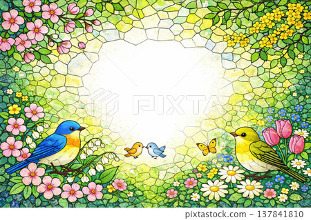 畫框材質：春末夏初主題，花卉圖案，彩色玻璃風格 137841810