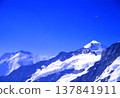 A yellow airplane flying over the Swiss Alps in summer. 137841911